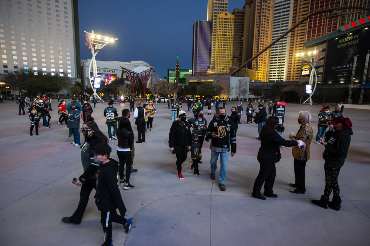 Fans arrive for the first Golden Knights game with fans allowed to return since the start of th ...