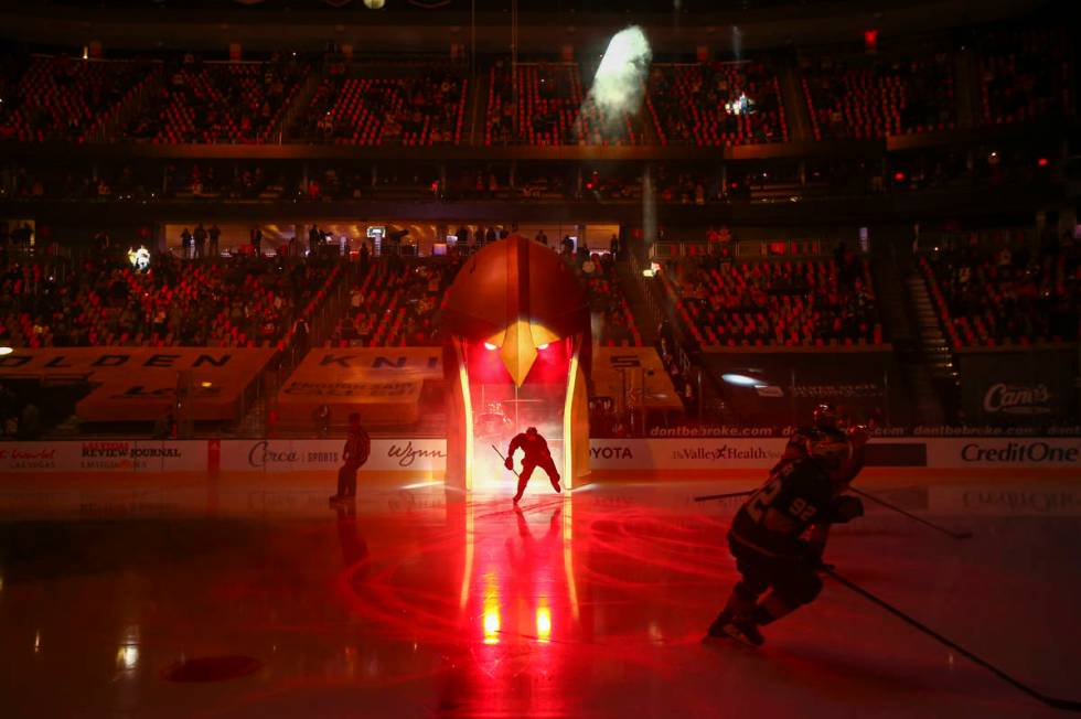 The Golden Knights take to the ice before taking on the Minnesota Wild in an NHL hockey game at ...