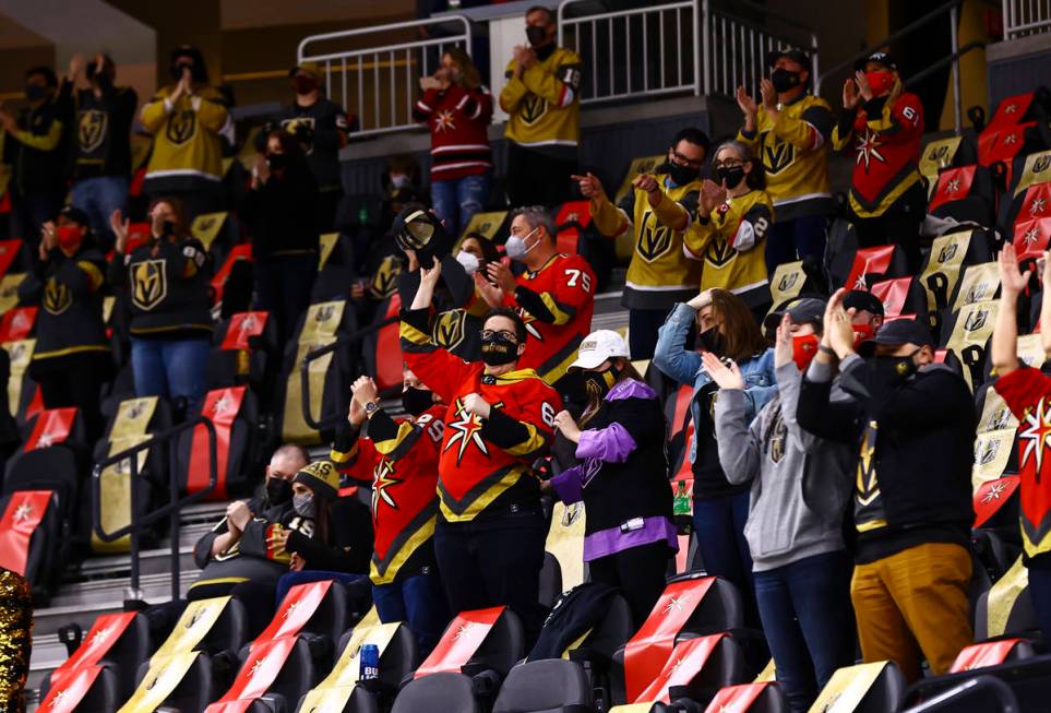 Fans celebrate a goal by Golden Knights left wing Max Pacioretty, not pictured, during the seco ...