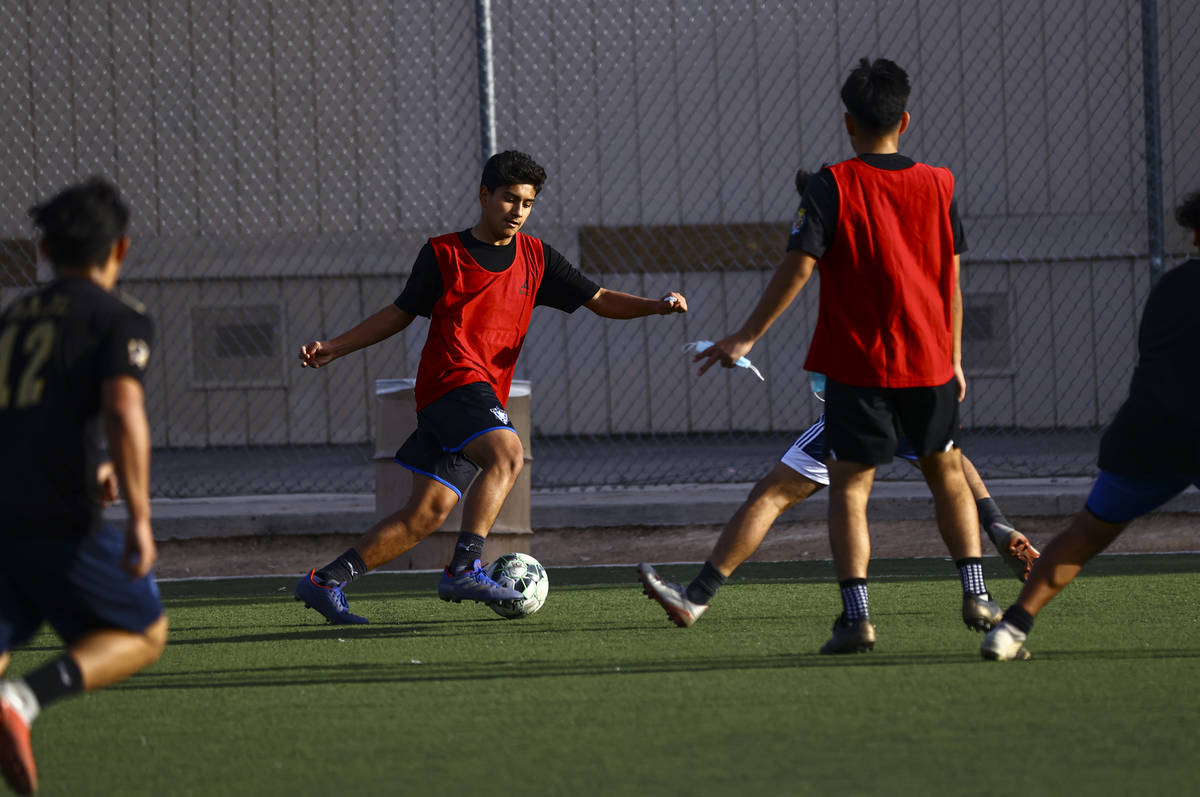 Equipo Academy's Deigo Rubio controls the ball during soccer practice at Mike Morgan Park in La ...