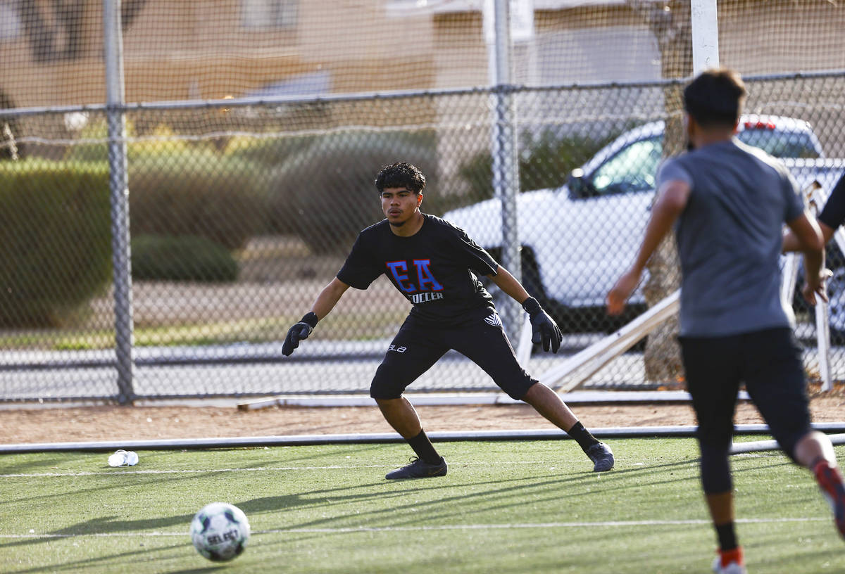 Equipo Academy goalkeeper Roberto Santana watches the ball during soccer practice at Mike Morga ...