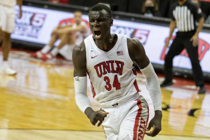 UNLV Rebels forward Cheikh Mbacke Diong (34) celebrates after scoring and being fouled in the f ...