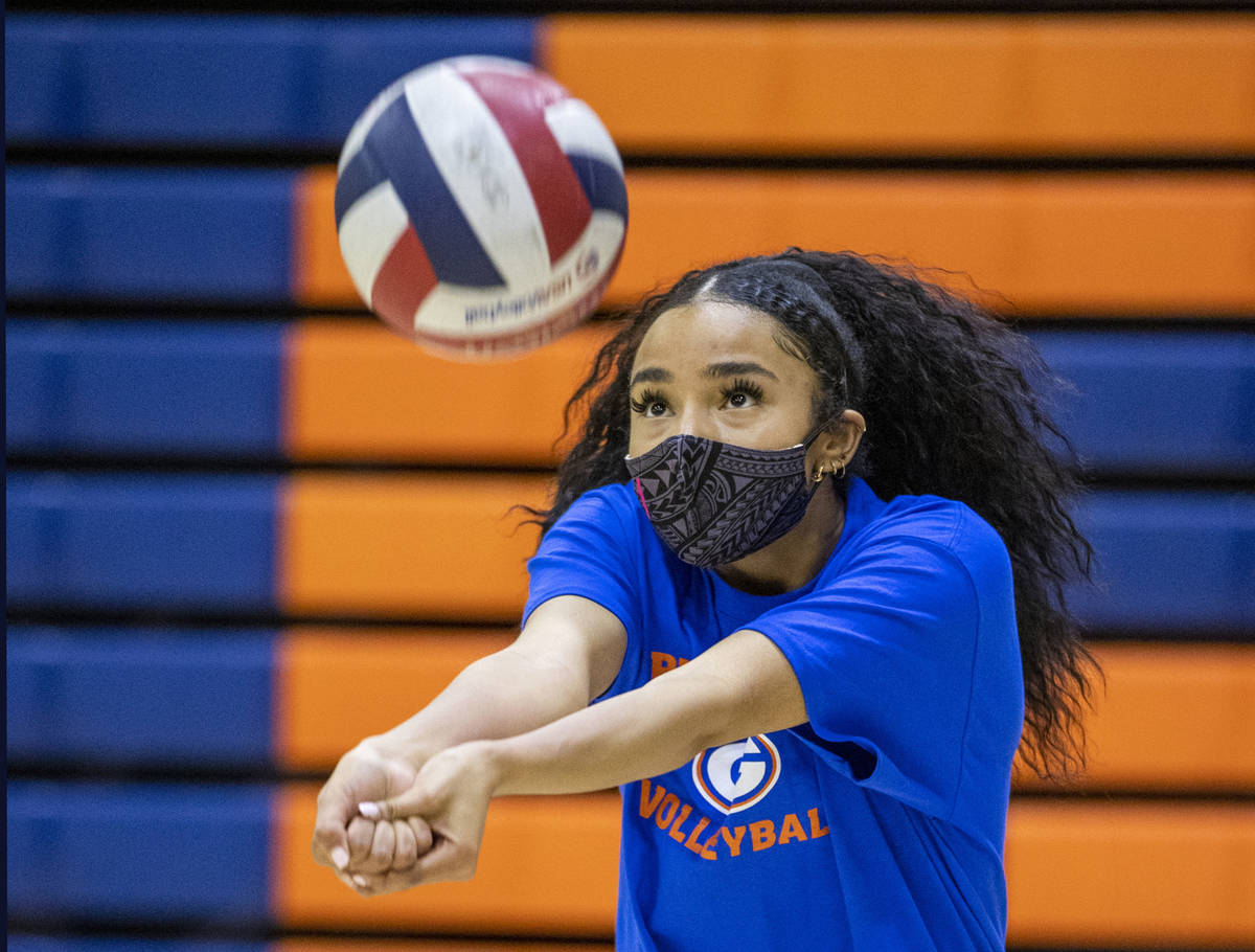 Sofia Elowefo returns the ball during a varsity girls volleyball practice at Bishop Gorman High ...