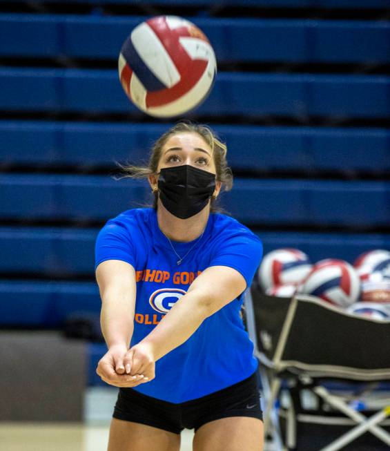 Morgan Mixer returns the ball during a varsity girls volleyball practice at Bishop Gorman High ...