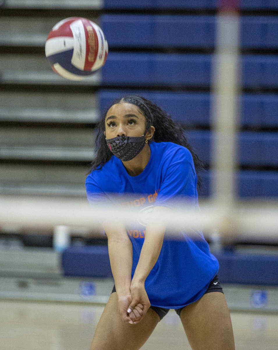 Sofia Elowefo returns the ball during a varsity girls volleyball practice at Bishop Gorman High ...