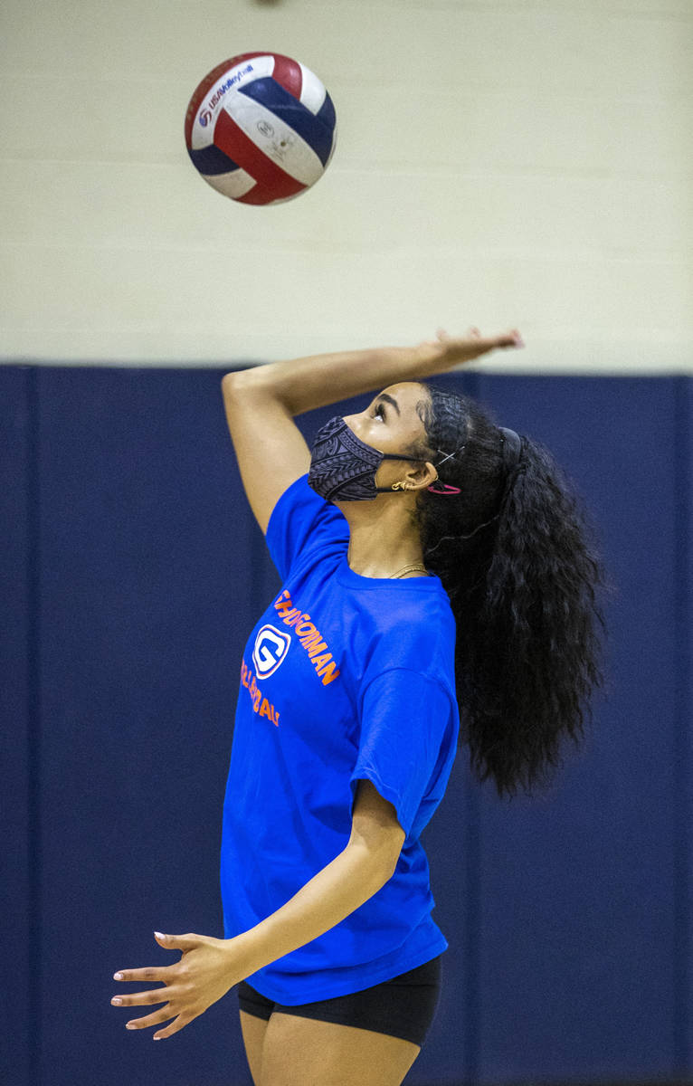 Sofia Elowefo serves the ball during a varsity girls volleyball practice at Bishop Gorman High ...