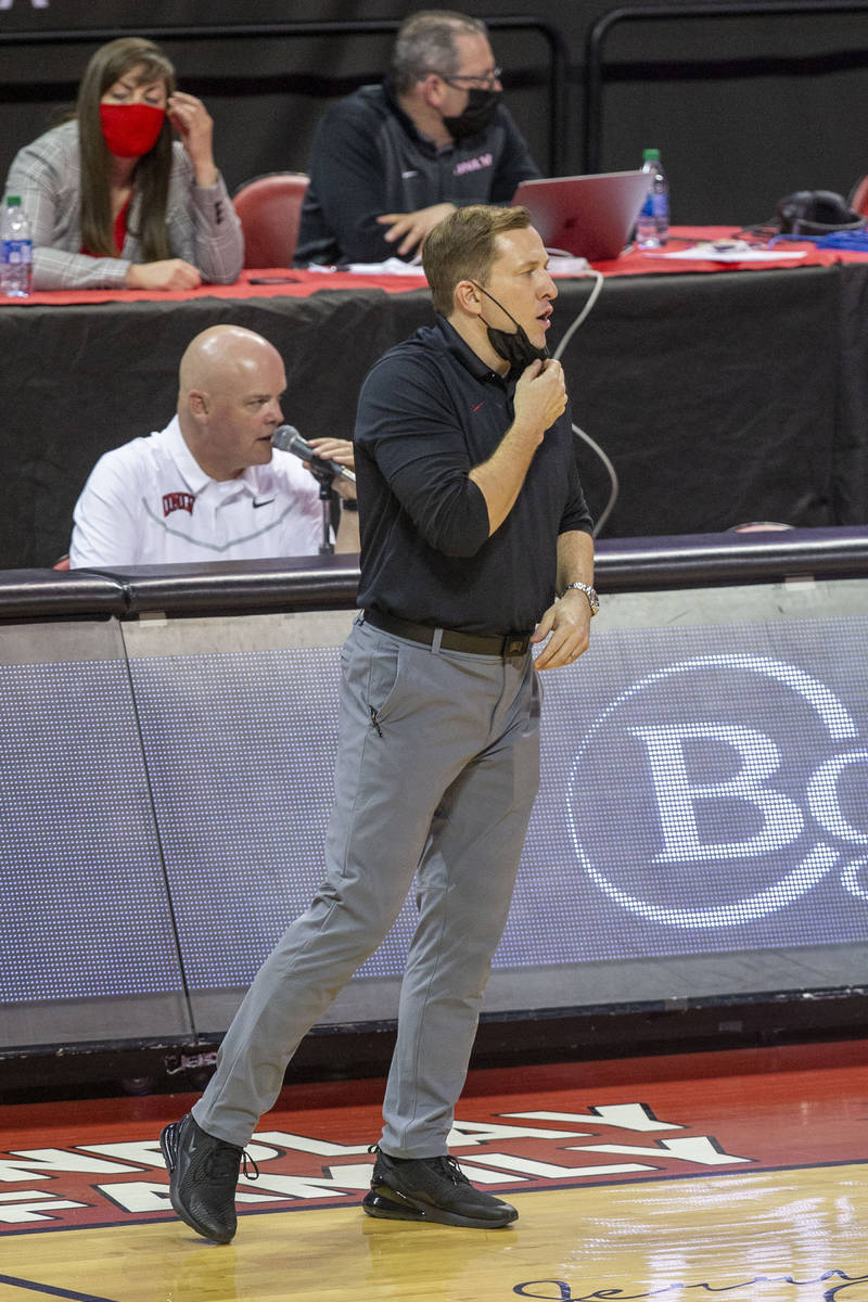 UNLV Rebels head coach T.J. Otzelberger coaches during the second half of an NCAA men's basketb ...