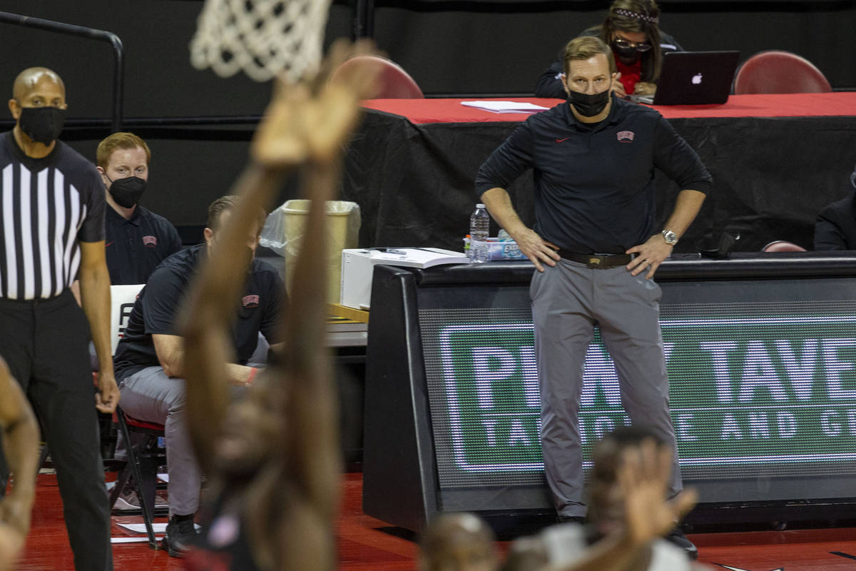 UNLV Rebels head coach T.J. Otzelberger looks on during the second half of an NCAA men's basket ...