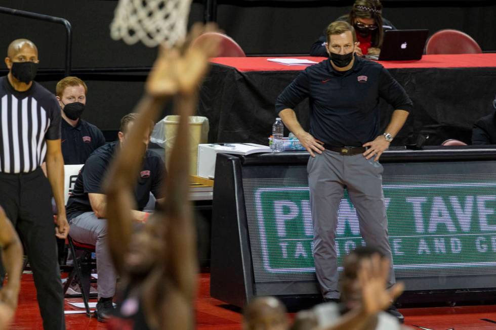 UNLV Rebels head coach T.J. Otzelberger looks on during the second half of an NCAA men's basket ...