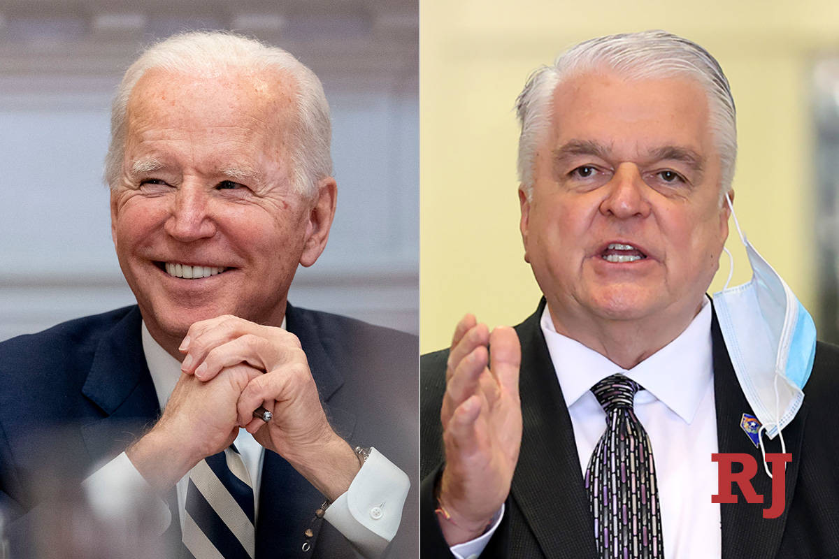 President Joe Biden, left, and Nevada Governor Steve Sisolak, right. (The Associated Press/Las ...