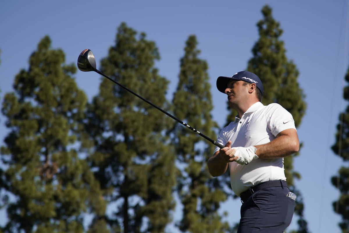 Francesco Molinari, of Italy, tees off on the second hole during the final round of the Genesis ...
