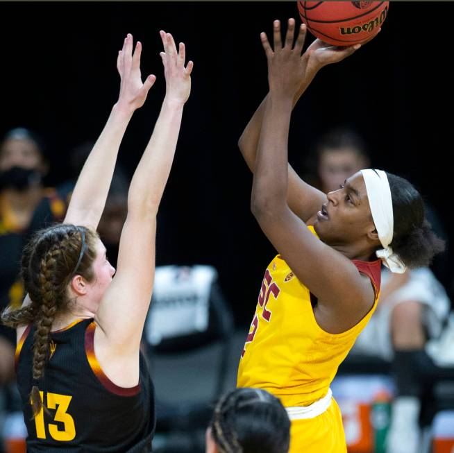 USC Trojans forward Jordyn Jenkins (32) shoots and scores a point as Arizona State Sun Devils g ...