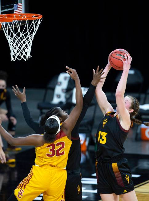 Arizona State Sun Devils guard Maggie Besselink (13) and Arizona State Sun Devils forward Eboni ...