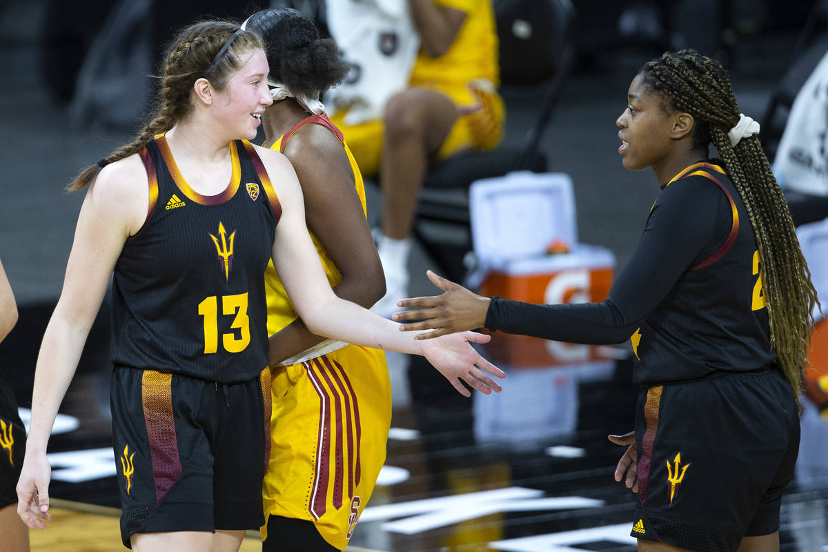 Arizona State Sun Devils guard Maggie Besselink (13) and Arizona State Sun Devils forward Bre'y ...