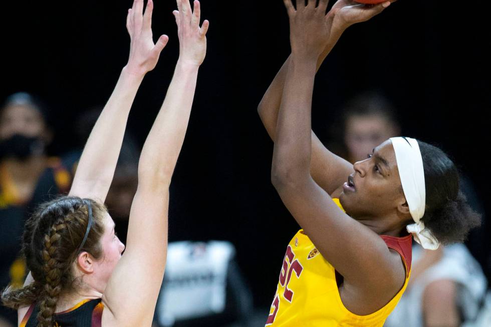 USC Trojans forward Jordyn Jenkins (32) shoots and scores a point as Arizona State Sun Devils g ...