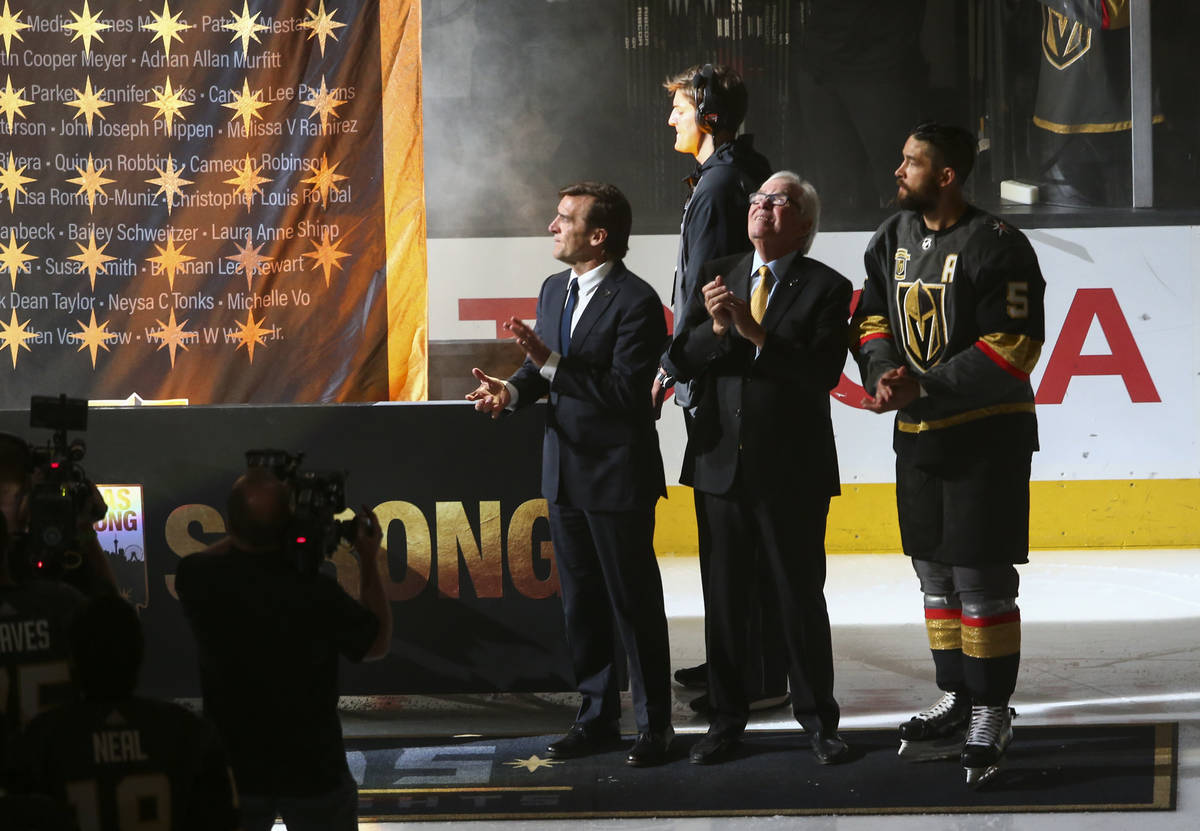 Golden Knights general manager George McPhee, from left, team owner Bill Foley and defenseman D ...