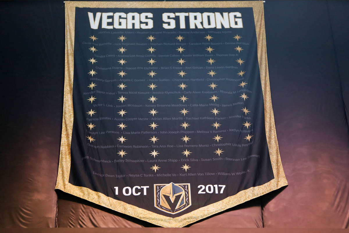 The ÒVegas StrongÓ banner is seen at T-Mobile Arena in Las Vegas, Thursday, March 4, ...