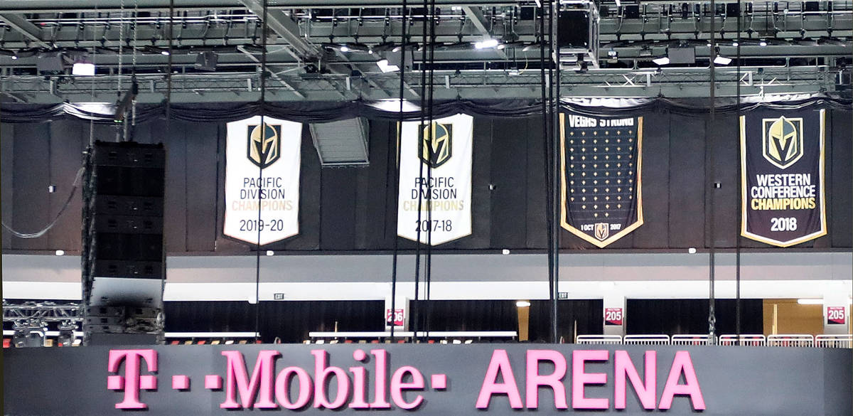 The "Vegas Strong" banner, second from right, is seen at T-Mobile Arena in Las Vegas, Thursday, ...