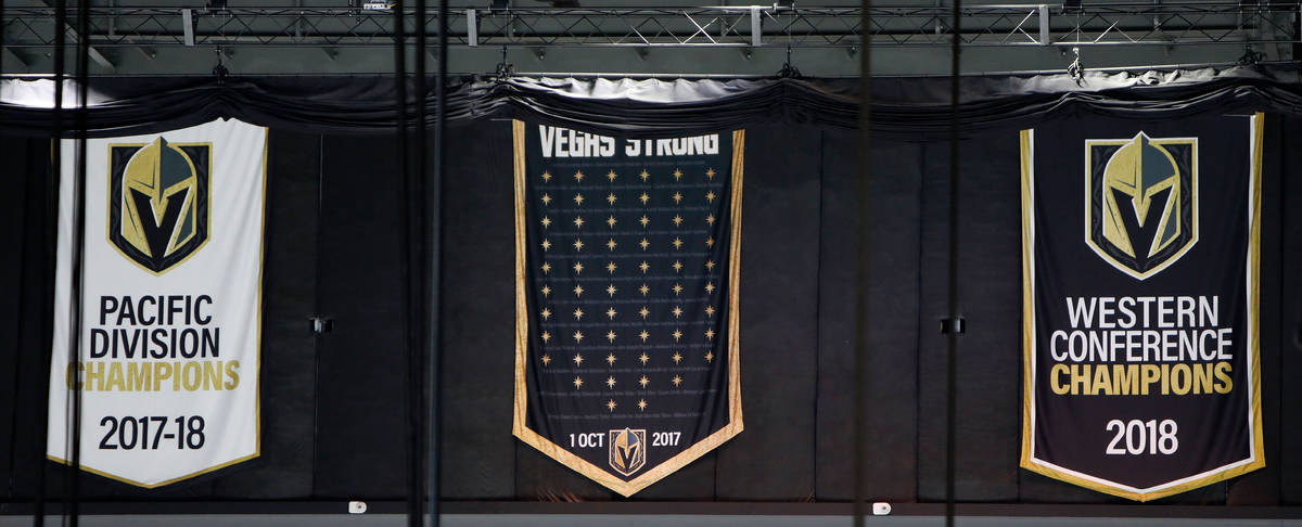 The "Vegas Strong" banner, center, is seen at T-Mobile Arena in Las Vegas, Thursday, March 4, 2 ...