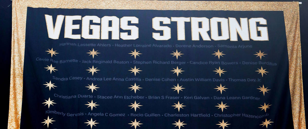 The “Vegas Strong” banner is seen at T-Mobile Arena in Las Vegas, Thursday, March 4, 2021. ...