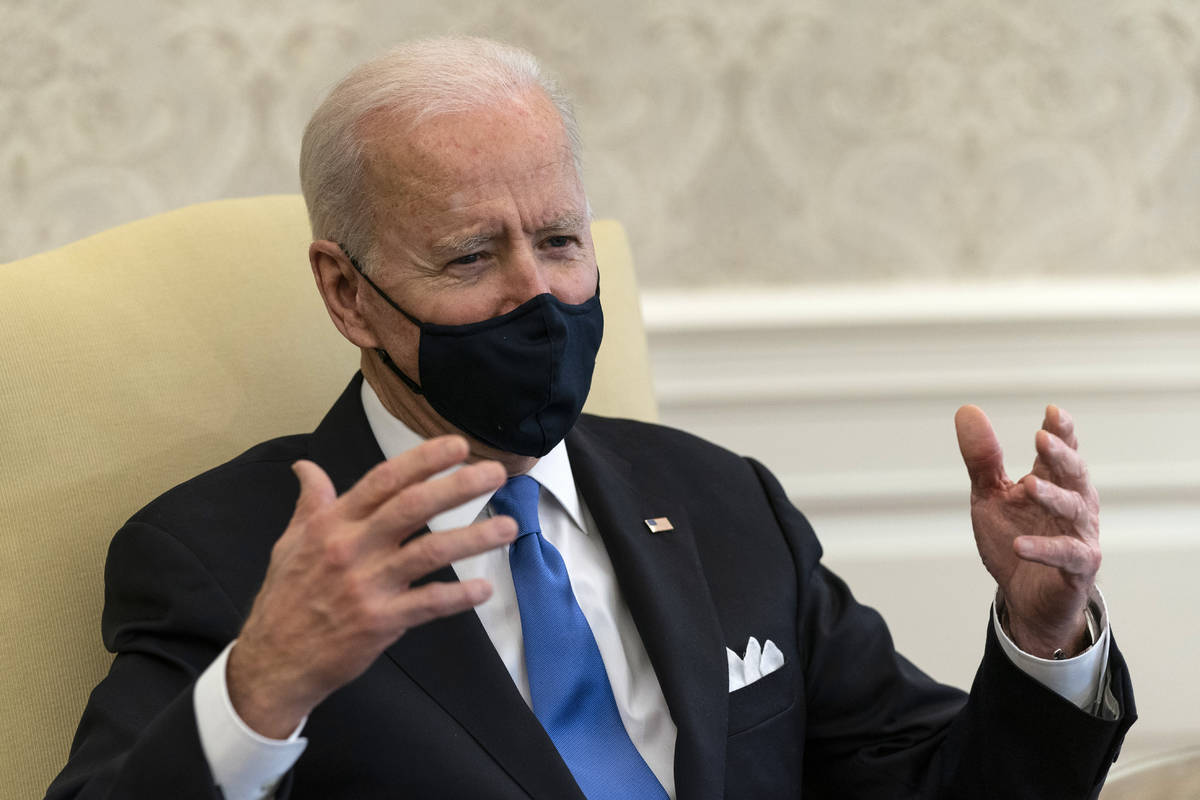 President Joe Biden speaks during a meeting about cancer in the Oval Office of the White House, ...