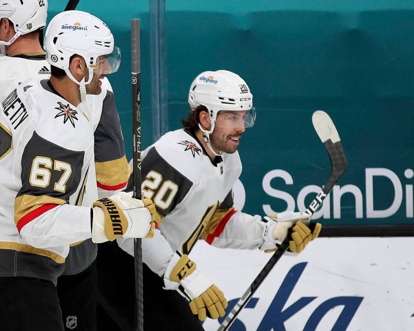 Vegas Golden Knights left wing Max Pacioretty (67) celebrates with center Chandler Stephenson ( ...