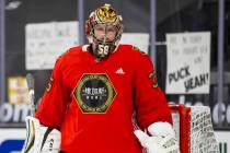 Golden Knights goaltender Oscar Dansk (35) looks on during warm ups before the first period of ...