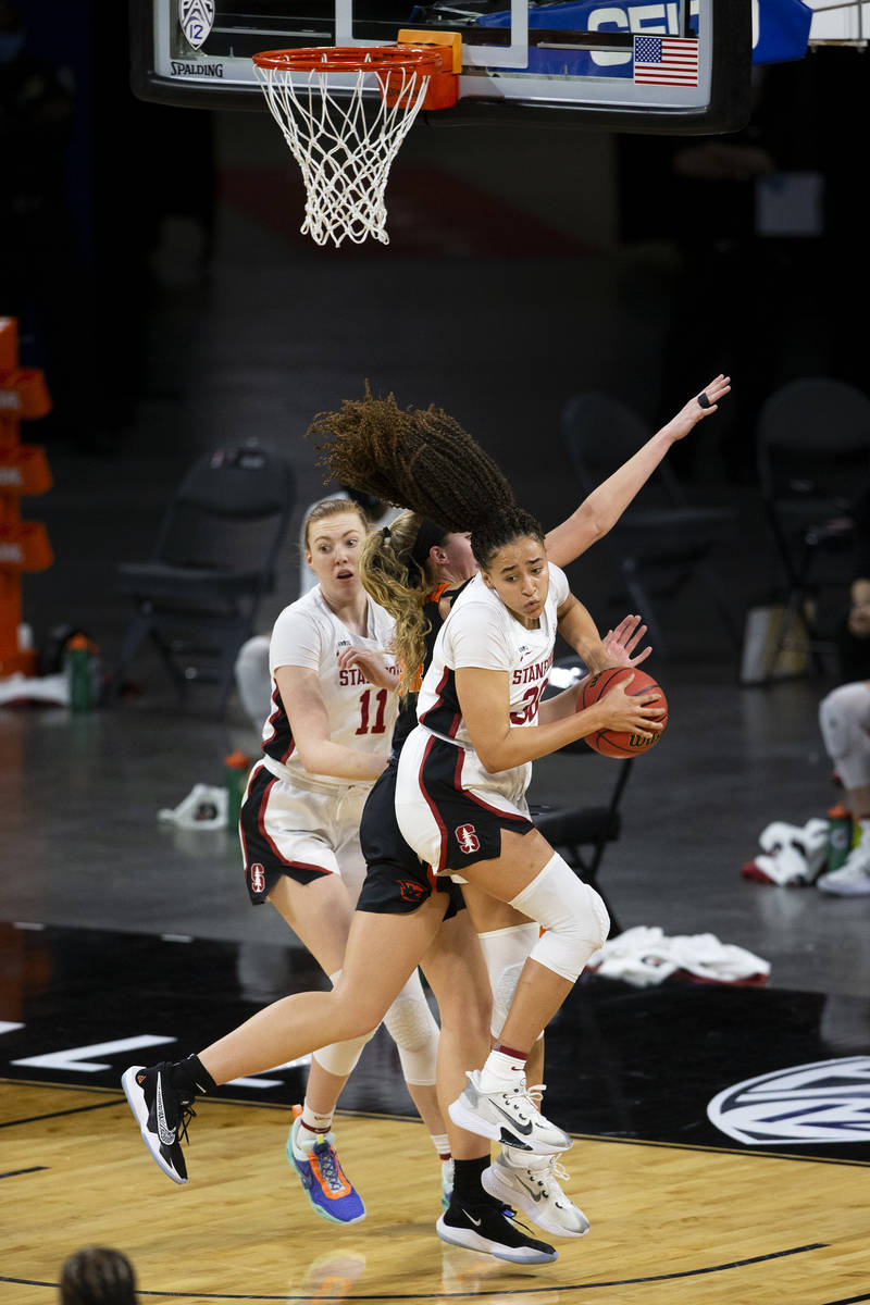 Stanford Cardinal guard Haley Jones (30) is blocks Oregon State Beavers forward Taylor Jones (4 ...