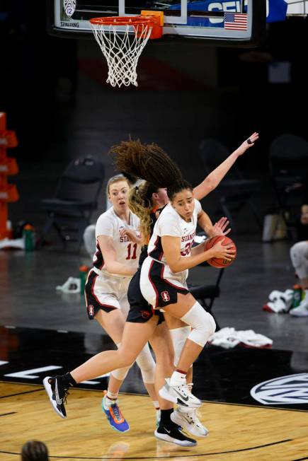 Stanford Cardinal guard Haley Jones (30) is blocks Oregon State Beavers forward Taylor Jones (4 ...