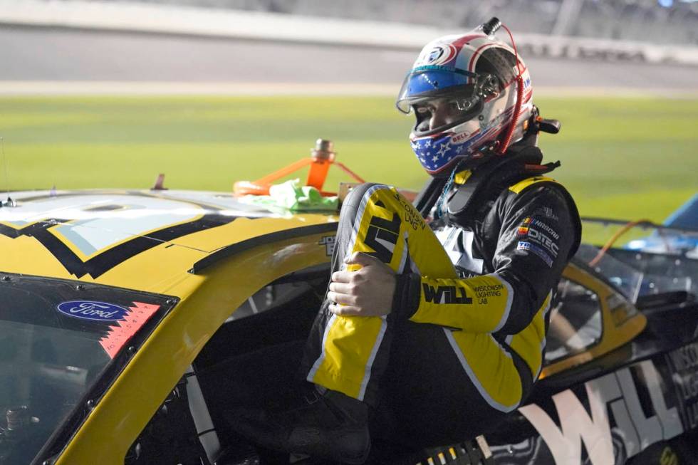 Josh Bilicki gets ready for NASCAR Daytona 500 auto race qualifying at Daytona International Sp ...