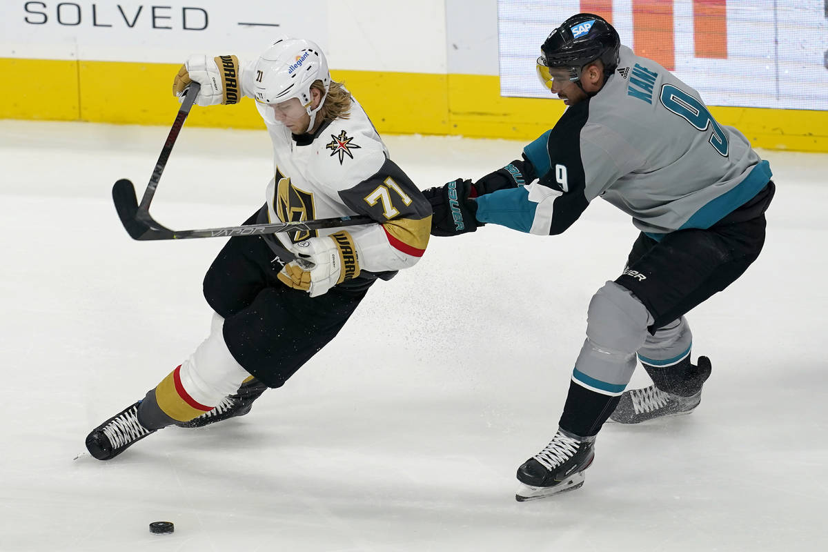 Vegas Golden Knights center William Karlsson (71) skates in front of San Jose Sharks left wing ...