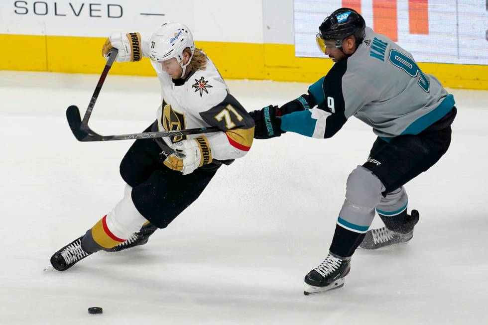 Vegas Golden Knights center William Karlsson (71) skates in front of San Jose Sharks left wing ...