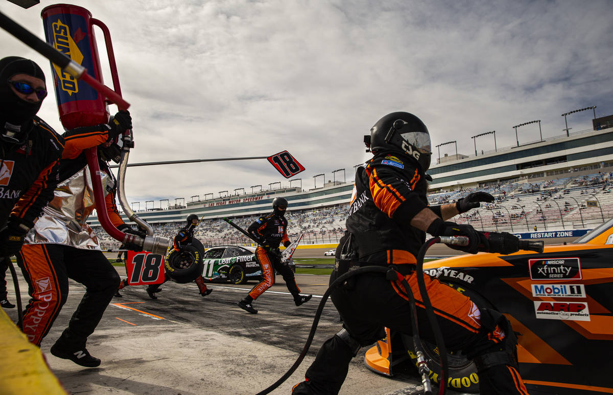 Daniel Hemric pits during a NASCAR Xfinity Series auto race at the Las Vegas Motor Speedway on ...