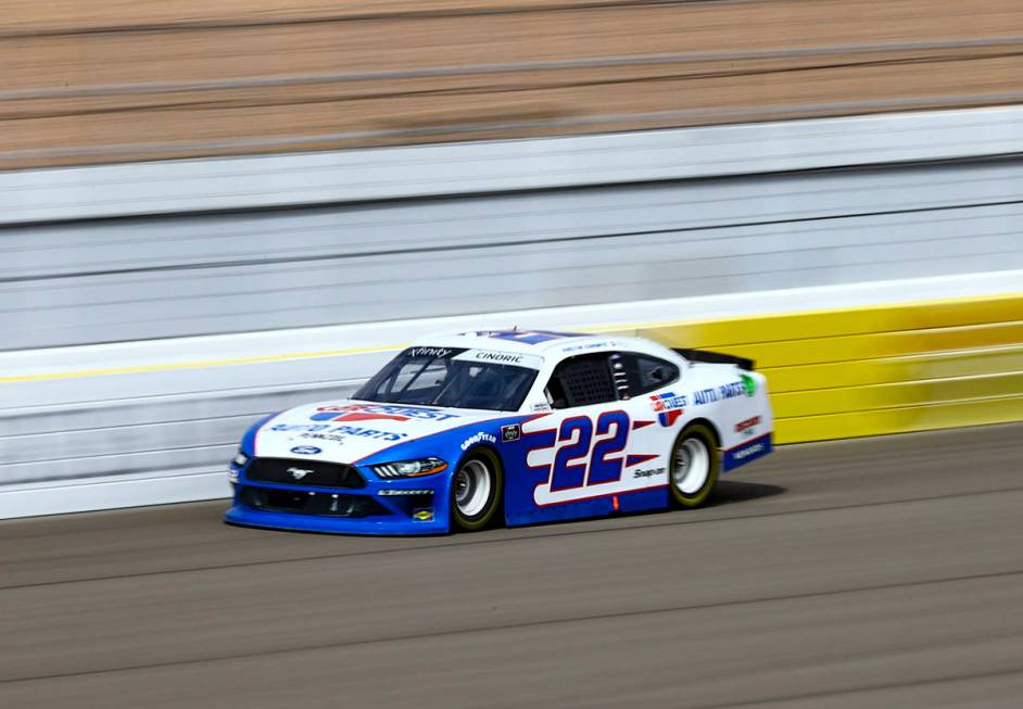 Austin Cindric (22) drives during a NASCAR Xfinity Series auto race at the Las Vegas Motor Spee ...