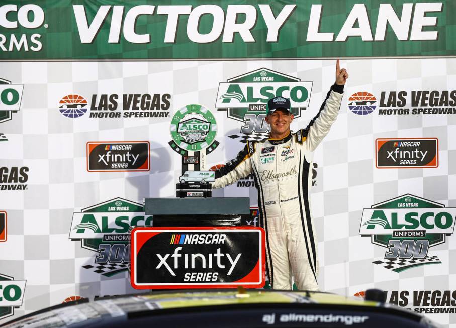 AJ Allmendinger celebrates after winning a NASCAR Xfinity Series auto race at the Las Vegas Mot ...