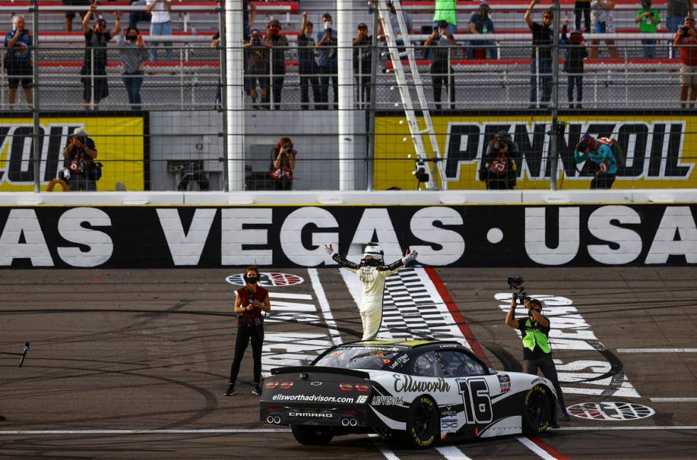 AJ Allmendinger celebrates after winning a NASCAR Xfinity Series auto race at the Las Vegas Mot ...