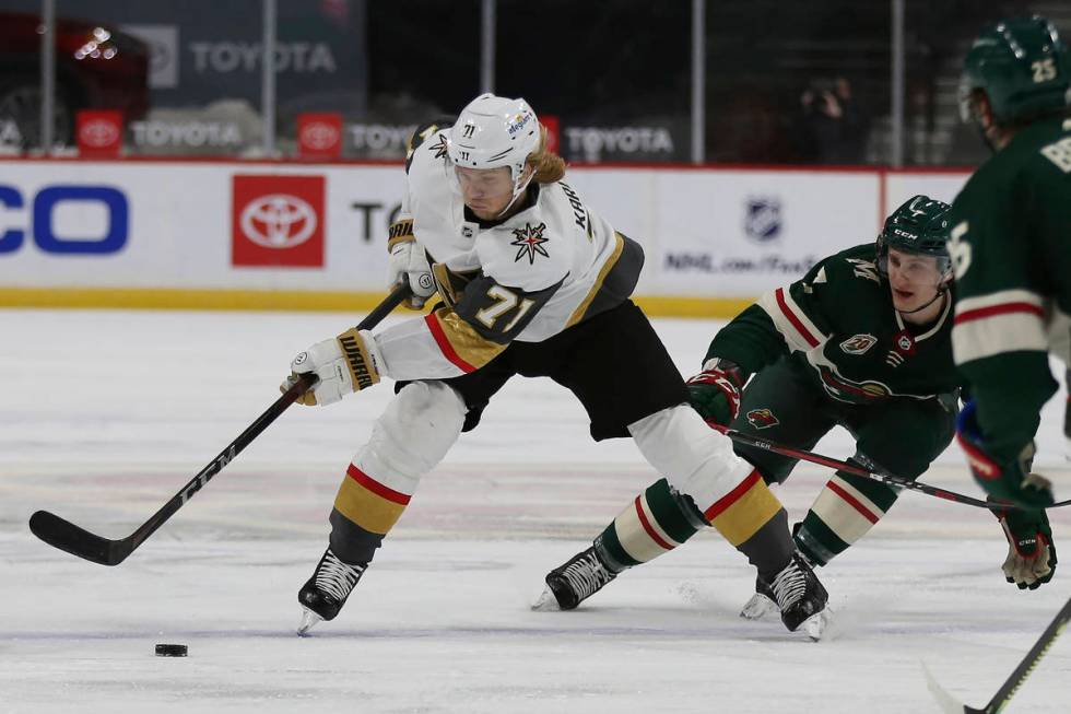 Vegas Golden Knights' William Karlsson (71) moves the puck downice against Minnesota Wild's Nic ...