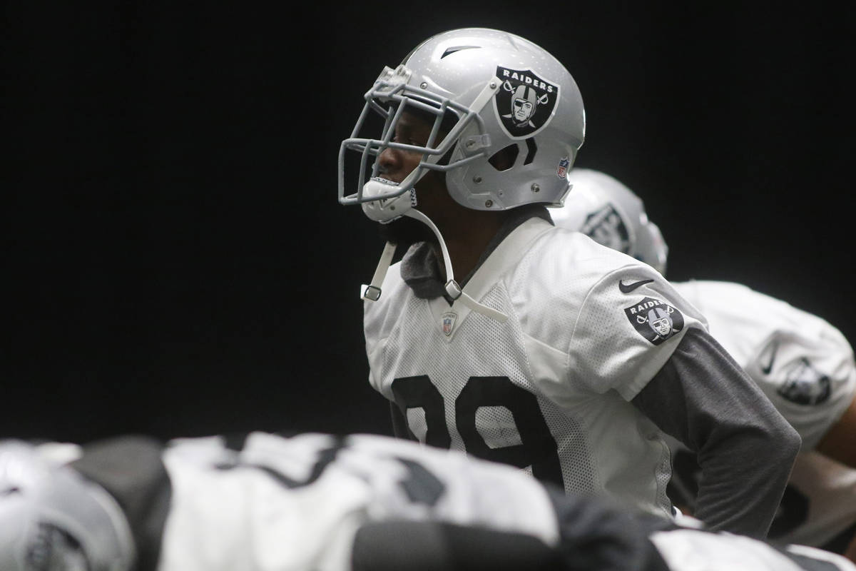 Las Vegas Raiders safety Lamarcus Joyner (29) stretches during a practice session at the team's ...