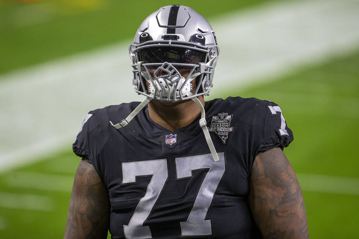 Raiders offensive tackle Trent Brown (77) before an NFL football game against the Miami Dolphin ...