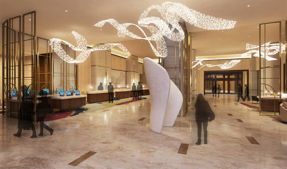 A rendering of the Hilton lobby at Resorts World. (Courtesy Resorts World)