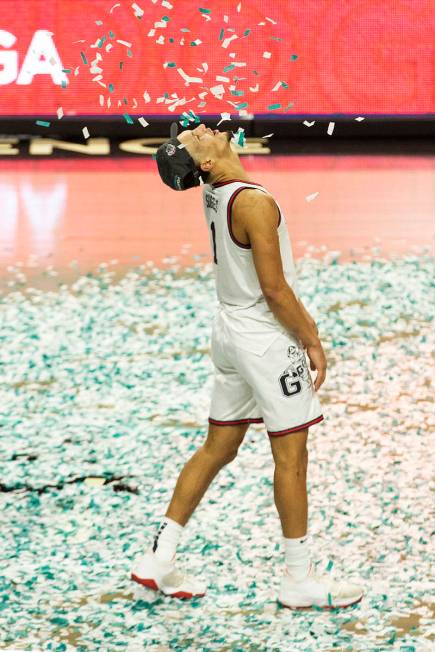 Gonzaga Bulldogs guard Jalen Suggs (1) celebrates his team's win against Brigham Young Cougars ...