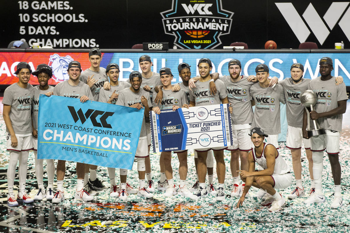 Gonzaga Bulldogs celebrate their win against Brigham Young Cougars in the West Coast Conference ...