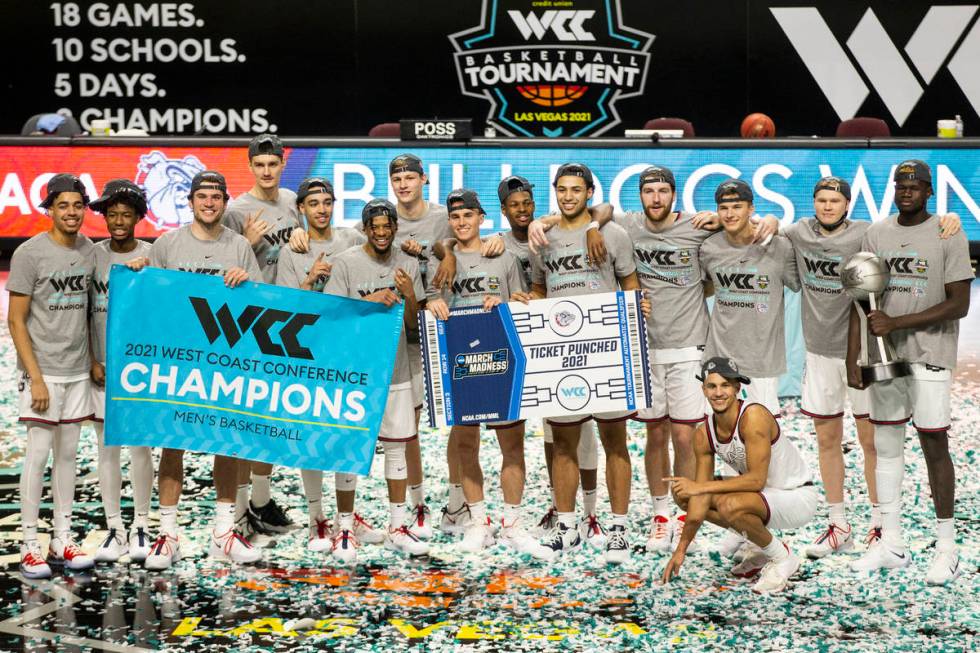 Gonzaga Bulldogs celebrate their win against Brigham Young Cougars in the West Coast Conference ...