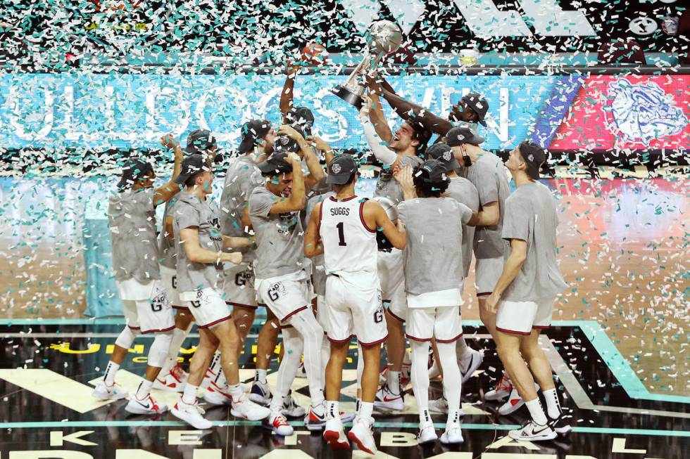 Gonzaga Bulldogs celebrate their win against Brigham Young Cougars in the West Coast Conference ...