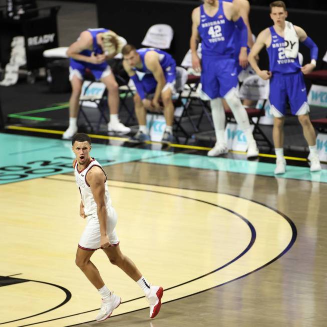 Gonzaga Bulldogs guard Jalen Suggs (1) reacts after scoring a three-point-shot against the Brig ...