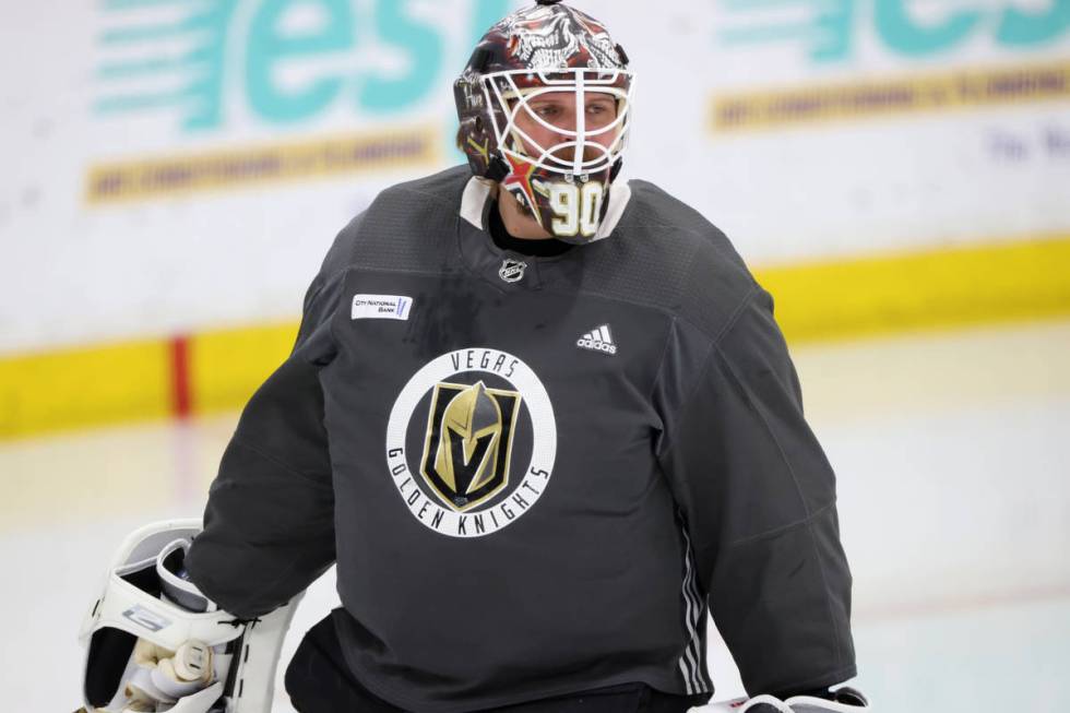 Vegas Golden Knights goaltender Robin Lehner (90) during a team practice at City National Arena ...