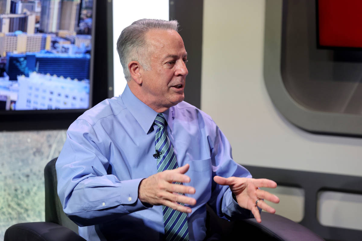 Clark County Sheriff Joe Lombardo is interviewed by Las Vegas Review-Journal reporters Glenn Pu ...