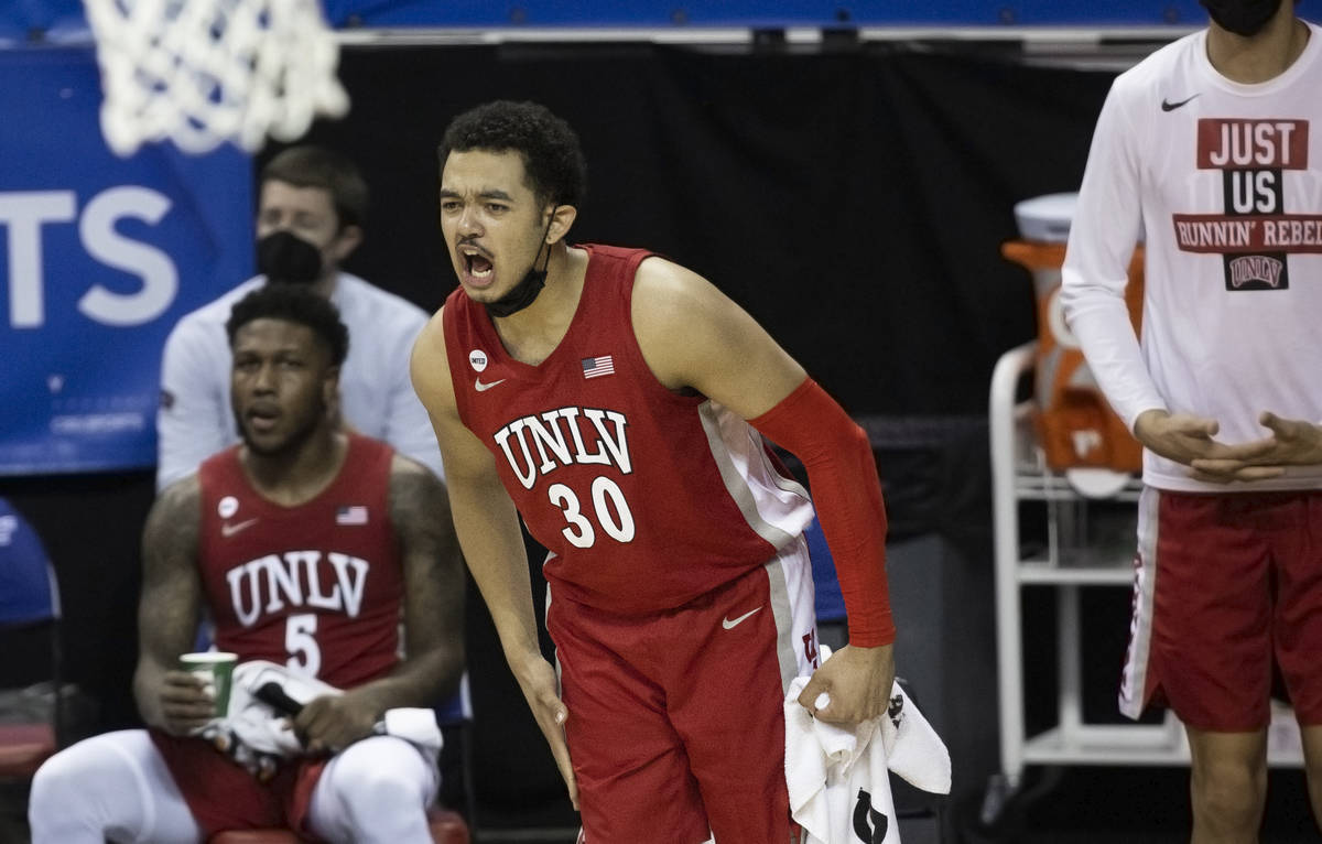 UNLV Rebels forward Devin Tillis (30) celebrates a big play in the second half during the Mount ...
