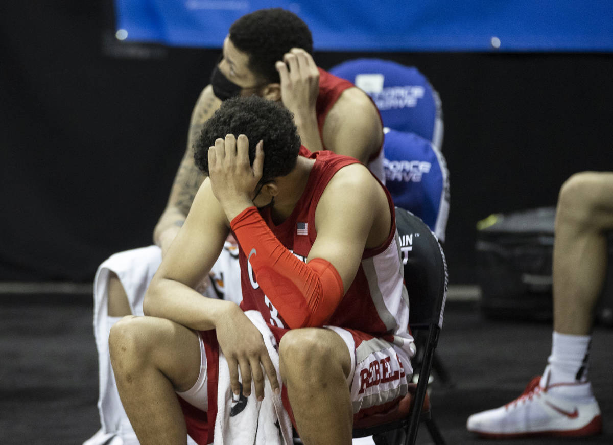 UNLV Rebels forward Devin Tillis (30) hits on the bench dejected in the second half during the ...