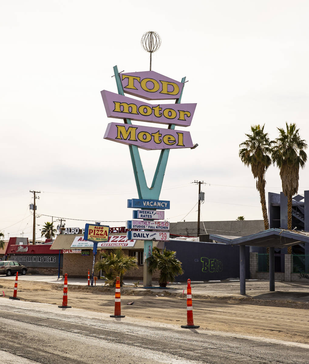 The Googie-influenced Tod Motor Motel sign is pictured on Las Vegas Boulevard in the former &qu ...